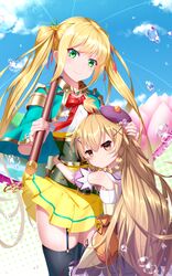  2girls blonde_hair brown_hair commentary_request fennel_(flower_knight_girl) flower_knight_girl green_eyes hair_ornament hairclip hat height_difference highres hug kuko_(flower_knight_girl) leaf_lsd long_hair looking_at_viewer multiple_girls nail_polish red_eyes thighhighs twintails weapon 