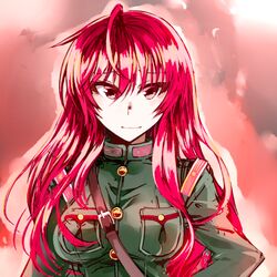  ahoge cosaten female long_hair looking_at_viewer military military_uniform red_eyes red_hair solo tenkyou_no_alderamin uniform upper_body yatorishino_xam 