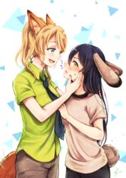  2girls animal_ears ayase_eli black_pants blonde_hair blue_eyes blue_necktie blush breasts brown_eyes commentary_request cosplay diagonal_stripes fox_ears fox_tail green_shirt grey_shirt hand_on_another&#039;s_face height_difference highres judy_hopps judy_hopps_(cosplay) long_hair looking_at_another looking_at_viewer love_live! love_live!_school_idol_project medium_breasts motion_lines multiple_girls nail_polish necktie nick_wilde nick_wilde_(cosplay) open_mouth pants pink_nails profile purple_hair rabbit_ears rabbit_tail shirt short_hair short_sleeves sonoda_umi standing striped striped_necktie suito tail white_background wing_collar yuri zootopia 