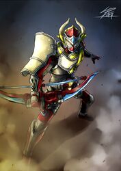  1boy armor bad_id bad_pixiv_id bow_(weapon) food fruit kamen_rider kamen_rider_baron kamen_rider_gaim_(series) lemon lemon_energy_arms lock_seed male_focus mask rider_belt signature solo sonic_arrow weapon yusuki_(fukumen) 