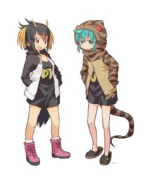  2girls adapted_costume alternate_footwear black_hair blonde_hair blue_hair boots commentary hair_between_eyes hands_in_pockets headphones hood hoodie japari_symbol kemono_friends long_sleeves multicolored_hair multiple_girls open_clothes open_hoodie penguin_tail red_hair rockhopper_penguin_(kemono_friends) shirt short_hair slippers snake_tail socks tail tessaku_ro tsuchinoko_(kemono_friends) 