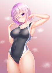  alternate_costume black_one-piece_swimsuit breasts commentary_request competition_swimsuit covered_navel cowboy_shot eyes_visible_through_hair fate/grand_order fate_(series) female gradient_background hair_over_one_eye highres mash_kyrielight one-piece_swimsuit pink_background purple_eyes purple_hair short_hair solo standing swimsuit yuunagi_(0217) 