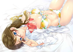  adjusting_eyewear bikini bikini_under_clothes blue_eyes blush bow bowtie braid breasts brown_hair cleavage collared_shirt commentary_request dress_shirt female floral_print front-tie_top glasses hair_down hair_undone hasegawa_hinako large_breasts long_hair lying nagayori navel no_pants on_back open_clothes open_shirt print_bikini red-framed_eyewear red_bow red_bowtie school_uniform shiny_skin shirt solo striped_bow striped_bowtie striped_clothes swimsuit tada-kun_wa_koi_wo_shinai white_bikini white_shirt 