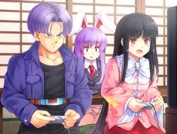  1boy 2girls animal_ears black_hair blue_eyes blue_hair blush brown_eyes commentary_request controller crossover dragon_ball dragon_ball_z game_console game_controller houraisan_kaguya jacket komimiyako long_hair multiple_girls muscular necktie open_clothes open_jacket open_mouth purple_hair rabbit_ears red_necktie reisen_udongein_inaba ribbon short_hair skirt smile super_famicom sweatdrop touhou trunks_(dragon_ball) trunks_(future)_(dragon_ball) wide_sleeves 