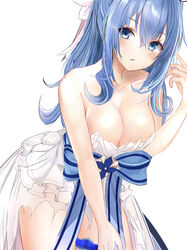  absurdres bare_arms bare_shoulders blue_eyes blue_hair blue_ribbon blush breasts cleavage collarbone commentary_request cowboy_shot dress efuri_(riarea00) female frilled_dress frills granblue_fantasy hair_between_eyes hair_ribbon hand_up head_tilt highres large_breasts leaning_forward long_hair looking_at_viewer parted_lips ponytail ribbon sidelocks simple_background solo standing therese_(granblue_fantasy) torn_clothes torn_dress white_background white_dress white_ribbon 