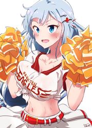  bad_id bad_pixiv_id belt blue_eyes blue_hair cheerleader commentary_request cowboy_shot female hair_ornament hairclip highres idolmaster idolmaster_million_live! idolmaster_million_live!_theater_days light_blue_hair long_hair moment_(moment_607) navel open_mouth pom_pom_(cheerleading) shiraishi_tsumugi skirt solo stomach sweat 