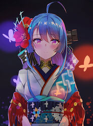  absurdres ahoge azur_lane blue_hair blurry blush bokeh breasts commentary_request depth_of_field female flower hair_flower hair_ornament hair_ribbon helena_(azur_lane) helena_(new_year&#039;s_bluebird)_(azur_lane) highres japanese_clothes kimono long_hair looking_at_viewer medium_breasts obi official_alternate_costume one_side_up purple_eyes ribbon sash septoleaf sidelocks smile solo upper_body very_long_hair white_kimono 