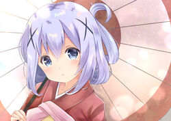  absurdres alternate_hairstyle blue_eyes blue_hair chestnut_mouth commentary_request female gochuumon_wa_usagi_desu_ka? hair_between_eyes hair_ornament hair_up head_tilt highres holding holding_umbrella inahori japanese_clothes kafuu_chino kimono looking_at_viewer new_year oil-paper_umbrella parted_lips red_kimono solo umbrella upper_body white_umbrella x_hair_ornament 