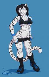  2016 abs anthro athletic big_breasts black_hair blue_eyes bottomwear bra breasts clothed clothing felid female hair hi_res mammal midriff muscular muscular_female pantherine scar shorts skimpy smile solo sports_bra stoopix stripes tiger under_boob underwear wristband 