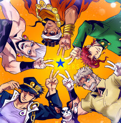  5boys anzumame blue_eyes bracelet chains circle_formation closed_eyes commentary_request dark-skinned_male dark_skin earrings gakuran gloves green_eyes grin hat iggy_(jojo) jean_pierre_polnareff jewelry jojo_no_kimyou_na_bouken joseph_joestar joseph_joestar_(old) kakyoin_noriaki kujo_jotaro male_focus mohammed_avdol multiple_boys open_mouth orange_background photoshop_(medium) school_uniform smile star_(symbol) star_hands v 