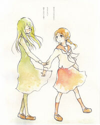  2girls :o aoi_hana arm_grab braid brown_hair commentary_request couple dress glasses kara-koro kneehighs loafers long_hair long_sleeves manjoume_fumi mary_janes multiple_girls neckerchief okudaira_akira painting_(medium) pantyhose parted_lips sailor_collar shirt shoes skirt socks standing traditional_media translated twin_braids walking watercolor_(medium) yuri 