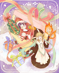  2girls alternate_costume box christmas christmas_tree clione closed_eyes commentary_request fire fur_trim gift gift_box grin hat hercules_(yumekui_merry) highres merry_nightmare multiple_girls music open_mouth pointy_ears ribbon santa_costume santa_hat singing smile snow striped_clothes striped_thighhighs thighhighs ushiki_yoshitaka yumekui_merry 