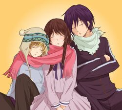  2boys beanie blonde_hair blush boy_sandwich brown_hair closed_eyes commentary_request crossed_arms female hat iki_hiyori kotokoto_(mitsuyoshi0211) long_hair long_sleeves multiple_boys noragami purple_hair ribbon sandwiched scarf school_uniform shared_clothes shared_scarf short_hair skirt sleeping track_suit yato_(noragami) yukine_(noragami) 