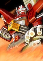  1boy autobot burning clenched_hand commentary_request fire fire_convoy glowing glowing_eyes kamizono_(spookyhouse) machinery mecha no_humans optimus_prime robot solo transformers transformers_car_robots 