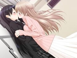  2girls breast_press breasts jpeg_artifacts kani_biimu kissing konayuki_fururi multiple_girls pantyhose yuri 