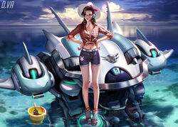  adapted_costume animal_print belt blue_sky breasts brown_eyes brown_hair bucket character_name cleavage cloud cloudy_sky collared_shirt commentary crop_top cruiser_d.va d.va_(overwatch) day distress earrings female front-tie_top full_body hands_on_own_hips hat head_scarf headphones highres hoop_earrings jewelry liang_xing light_smile looking_back mecha meka_(overwatch) midriff navel nose ocean official_alternate_costume outdoors overwatch overwatch_1 paint paintbrush photoshop_(medium) plaid plaid_shirt rabbit_print red_lips robot sandals shirt shorts sky sleeves_rolled_up small_breasts solo standing standing_on_object white_hat 