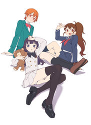  3girls black_hair black_legwear blazer blue_eyes brown_eyes brown_hair commentary_request daisy_(working!!) highres inami_mahiru jacket kneehighs loafers long_hair lying multiple_girls nse orange_eyes orange_hair photoshop_(medium) school_uniform serafuku shoes short_hair smile socks stuffed_animal stuffed_toy taneshima_popura teddy_bear thighhighs working!! yamada_aoi 