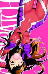  ;) absurdres aiming aiming_at_viewer alternate_color arm_behind_back blowing_bubbles bodysuit breasts brown_eyes brown_hair chewing_gum commentary_request copyright_name covered_navel d.va_(overwatch) english_text facial_mark female finger_gun gloves headphones high_collar highres impossible_clothes kalua large_breasts long_hair looking_at_viewer multicolored_bodysuit multicolored_clothes multicolored_hair navel one_eye_closed overwatch overwatch_1 petals pink_background pink_lips pointing pointing_at_viewer purple_bodysuit purple_gloves red_bodysuit simple_background skin_tight smile solo swept_bangs two-tone_hair upside-down whisker_markings 