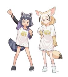  2girls adapted_costume animal_ears black_hair blonde_hair bracelet clenched_hand commentary common_raccoon_(kemono_friends) fennec_(kemono_friends) fox_ears fox_tail grey_hair hand_on_own_hip hand_up japari_symbol jewelry kemono_friends long_sleeves multicolored_hair multiple_girls oerba_yun_fang open_mouth pleated_skirt raccoon_ears raccoon_tail shirt short_hair short_sleeves skirt smile socks t-shirt tail tessaku_ro 