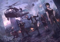  4boys aiming aircraft bullpup chequita city commentary_request explosion female fire gun hand_on_own_hip handgun helicopter highres jewelry johnathan_mar jormungand_(manga) kasper_hekmatyar koh_(minagi_kou) landing multiple_boys p90 pendant rifle smile submachine_gun tattoo uh-60_blackhawk weapon 