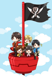  &gt;:) 2girls 3boys :d :o ahim_de_famille animification black_eyes black_hair blonde_hair blue_sky blush_stickers calling captain_marvelous chibi cloud commentary_request day don_dogoier flag flying_sweatdrops hairband joe_gibken kaizoku_sentai_gokaiger long_sleeves looking_at_viewer luka_millfy multiple_boys multiple_girls oerba_yun_fang open_mouth photoshop_(medium) pirate_ship pole scared ship sitting sky smile super_sentai sweatdrop teeth tomoko.a triangle_mouth uniform v-shaped_eyebrows watercraft 