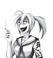  androth bare_shoulders borrowed_character cigarette collarbone commentary_request female greyscale knife kukri monochrome neckerchief original ponytail school_uniform serafuku sharp_teeth simple_background skull smoke smoking solo suzumi_(hetza) tattoo teeth tongue tongue_out upper_body white_background 