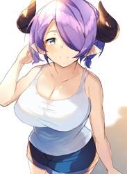  alternate_hairstyle bad_id bad_twitter_id bare_shoulders breasts cleavage collarbone draph female granblue_fantasy horns large_breasts narmaya_(granblue_fantasy) purple_eyes purple_hair solo ultone_(neisiss) 