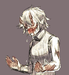  .flow blood commentary_request crying female fingernails glasgow_smile horns messy_hair open_mouth picopuri rust_(.flow) sharp_fingernails sharp_teeth short_hair simple_background sleeveless solo spoilers spot_color tears teeth white_hair 