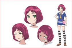  bag bracelet choker concept_art female female green_eyes jewelry lolicon looking_at_viewer official_art onigashira_kosuri purple_hair sailor_collar shimoneta_to_iu_gainen_ga_sonzai_shinai_taikutsu_na_sekai short_hair shorts simple_background smile solo striped_legwear stripped thighhighs white_background 