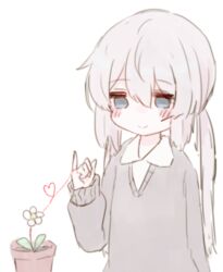  blue_eyes blush commentary_request female flower flower_pot heart heart_of_string light_brown_hair long_hair long_sleeves original pale_color pinky_out plant potted_plant ruten_(onakasukusuku) shirt simple_background smile solo string string_of_fate twintails upper_body white_background 