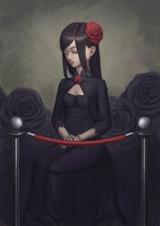  absurdres black_dress black_flower black_hair black_jacket black_rose breasts cleavage closed_eyes closed_mouth commentary_request cropped_jacket doll_joints dress earrings eyelashes female flower grey_background hair_flower hair_ornament hands_on_lap highres jacket jewelry joints long_hair long_sleeves original own_hands_together photoshop_(medium) red_flower red_rose rose sidelocks simple_background sitting small_breasts solo stanchion stud_earrings vivid507 