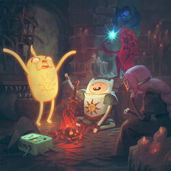  \o/ adventure_time arms_up bmo bonfire_(dark_souls) candle commentary cosplay crossover dark_souls_(series) dark_souls_iii english_commentary finn_the_human fire fire_keeper fire_keeper_(cosplay) glowing highres ice_king jake_the_dog jason_chan marceline_abadeer mask mimic mimic_(dark_souls) mimic_chest outstretched_arms parody praise_the_sun princess_bonnibel_bubblegum sitting solaire_of_astora solaire_of_astora_(cosplay) sword wand weapon 