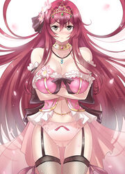  black_bow bow bow_panties bra breasts cattleya_(flower_knight_girl) choker cleavage commentary_request cowboy_shot crossed_arms female flower flower_knight_girl frown hair_flower hair_ornament ishizu_kayu jewelry large_breasts long_hair necklace panties pink_panties red_hair solo thigh_strap tiara underwear white_background yellow_eyes 