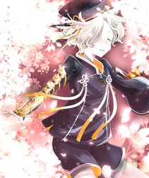  1boy armor cherry_blossoms cimeri closed_eyes commentary_request gokotai gokotai_(kiwame) hair_over_one_eye hat japanese_armor kote male_focus petals shorts smile solo touken_ranbu white_hair 