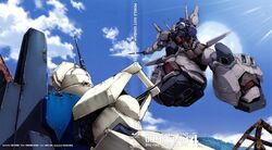  cloud clouds ez-8_gundam gatling_gun gouf_flight_type gradient gradient_background gun gundam gundam_08th_ms_team mecha official_art scan sejoon_kim sword weapon 