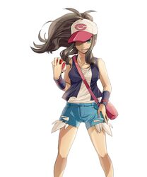  baseball_cap black_hair blue_shorts breasts collarbone commentary_request denim denim_shorts exposed_pocket female floating_hair green_eyes hand_on_own_hip hat hat_over_one_eye highres hilda_(pokemon) holding holding_poke_ball kamihitoe long_hair looking_at_viewer medium_breasts open_mouth poke_ball poke_ball_(basic) pokemon pokemon_bw ponytail shirt short_shorts shorts simple_background solo standing torn_clothes torn_shorts white_background white_shirt wrist_cuffs 