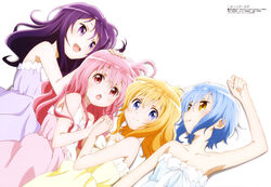  4girls :d :o absurdres alternate_hairstyle bare_shoulders blonde_hair blue_dress blue_eyes blue_hair blush bow breasts brown_eyes cleavage comic_girls dress dress_bow hair_between_eyes hair_down hand_on_another&#039;s_head highres holding_hands interlocked_fingers irokawa_ruki katsuki_tsubasa koizuka_koyume light_blue_hair looking_at_another looking_at_viewer lying magazine_scan medium_breasts megami_magazine moeta_kaoruko multiple_girls noda_yasuyuki oerba_yun_fang official_art on_back on_side open_mouth parted_lips pink_dress pink_eyes pink_hair purple_dress purple_eyes purple_hair scan short_hair sideways_mouth simple_background smile strapless strapless_dress white_background white_bow yellow_dress 