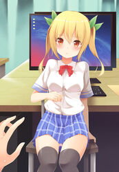  aibumi bad_id bad_pixiv_id black_legwear blonde_hair bow bowtie breasts brown_eyes commentary_request computer_keyboard desk female hair_ribbon long_hair looking_at_viewer medium_breasts monitor netoge_no_yome_wa_onna_no_ko_janai_to_omotta? out_of_frame over-kneehighs panties pink_panties pov pov_hands ribbon school_uniform segawa_akane serafuku shirt short_sleeves skirt solo_focus thighhighs thighs twintails underwear zettai_ryouiki 