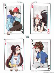  2boys 2girls annotated bad_id bad_pixiv_id baseball_cap blue_eyes breasts card character_name closed_mouth copyright_name double_bun eye_contact hair_bun hat hilbert_(pokemon) hilda_(pokemon) long_hair long_sleeves looking_at_another luo-qin multiple_boys multiple_girls nate_(pokemon) pantyhose playing_card pokemon pokemon_adventures rosa_(pokemon) short_sleeves sleeveless small_breasts smile twintails upper_body 