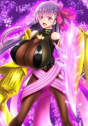  bare_shoulders breasts brown_legwear cleavage collar fate/extra fate/extra_ccc fate_(series) female female gauntlets hair_ornament hair_ribbon highres long_hair no_pants o-ring open_mouth pantyhose passion_lip purple_eyes purple_hair ribbon solo standing takecha very_long_hair weapon 