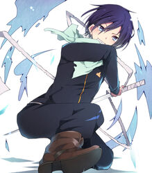  1boy bad_id bad_pixiv_id blue_eyes boots grin male_focus noragami on_one_knee purple_hair scarf smile solo sword sxupxdxxy track_suit weapon yato_(noragami) 