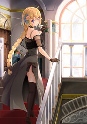  absurdres black_choker black_thighhighs blonde_hair blue_eyes braid braided_ponytail breasts brown_footwear brown_gloves choker commentary_request day door dress fate/grand_order fate_(series) feet_out_of_frame female flower from_behind gloves grey_dress hair_between_eyes hair_flower hair_ornament hand_on_railing head_tilt high_heels highres holding holding_flower indoors jeanne_d&#039;arc_(fate) jeanne_d&#039;arc_(formal_dress)_(fate) lily_(flower) long_hair looking_at_viewer looking_back medium_breasts nyoon plant potted_plant railing side_slit single_braid sleeveless sleeveless_dress smile solo stairs standing thighhighs very_long_hair window 