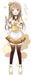  apron bad_id bad_pixiv_id black_thighhighs blush brown_hair coco&#039;s cowlick female food fork frilled_apron frills full_body holding holding_food holding_fork holding_plate long_hair looking_at_viewer love_live! love_live!_school_idol_project minami_kotori one_side_up open_mouth plate puffy_short_sleeves puffy_sleeves shoes short_sleeves smile socks solo souffle_(food) standing teeth thighhighs waist_apron waitress white_legwear yellow_eyes yellow_footwear yimu 