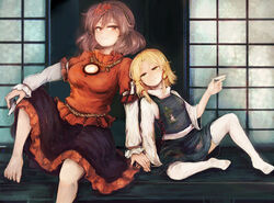  2girls bad_id bad_pixiv_id barefoot black_skirt blonde_hair breasts commentary_request cup dress feet frilled_shirt frilled_skirt frills hair_ornament hair_ribbon height_difference holding_hands juliet_sleeves large_breasts leaf leaf_hair_ornament long_sleeves mirror moriya_suwako multiple_girls no_headwear puffy_sleeves purple_hair red_eyes ribbon rope sakazuki shimenawa shirt short_hair sitting skirt sliding_doors thighhighs touhou wataichi_meko white_legwear wide_sleeves yasaka_kanako yellow_eyes 