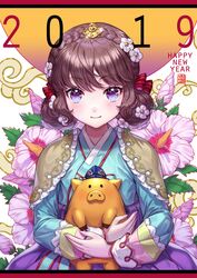  2019 blush box_(hotpppink) braid brown_hair bud chinese_zodiac commentary_request crown_braid female floral_background flower hair_flower hair_ornament hanbok happy_new_year korean_clothes looking_at_viewer new_year original pig pink_flower purple_eyes rose_of_sharon smile solo white_flower year_of_the_pig 