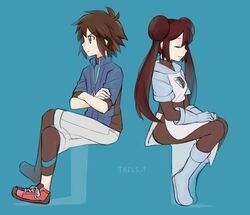  1boy bad_id bad_pixiv_id blue_background breasts brown_eyes brown_hair closed_eyes crossed_arms crossed_legs double_bun english_text female full_body gloves hair_bun legs_together long_hair long_sleeves looking_away luo-qin nate_(pokemon) pokemon pokemon_adventures rosa_(pokemon) shoelaces shoes simple_background sitting small_breasts team_plasma team_plasma_uniform twintails zipper 