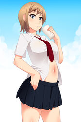  belly blue_sky breasts brown_hair center_opening cloud commentary_request cowboy_shot cup drinking drinking_straw female grey_eyes hayashi_custom highres large_breasts midriff navel necktie original photoshop_(medium) pleated_skirt sachiko_(hayashi_custom) shirt short_hair short_sleeves skirt sky solo thighs unbuttoned 