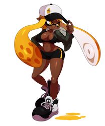  adjusting_clothes adjusting_headwear alternate_breast_size baseball_cap bike_shorts black_shorts blonde_hair blunt_bangs breasts cleavage commentary crop_top dark-skinned_female dark_skin english_commentary eric_lowery female full_body hand_on_own_hip hat highres hood hoodie inkling inkling_girl inkling_player_character large_breasts long_hair long_sleeves navel open_clothes open_hoodie paint_splatter pointy_ears purple_footwear shoes short_shorts shorts single_vertical_stripe smile sneakers solo splatoon_(series) splatoon_1 standing tentacle_hair white_background yellow_eyes 