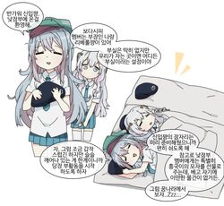  2girls beret blue_hair closed_eyes drooling g11_(girls_frontline) girls_frontline grey_hair hat holding korean_text lying mattress messy multiple_girls necktie pleated_skirt ribeyrolles_1918_(girls_frontline) school_uniform sidarim simple_background skirt sleeping speech_bubble translation_request 