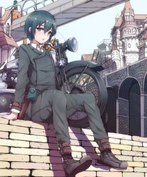  androgynous ankle_belt black_footwear blush boots bridge brough_superior building collared_shirt commentary day female green_eyes green_hair green_jacket green_pants hair_between_eyes hermes_(kino_no_tabi) highres holster jacket kino_(kino_no_tabi) kino_no_tabi light_blush long_sleeves looking_at_viewer motor_vehicle motorcycle outdoors pants parted_lips pouch ryuu. shirt short_hair sitting tomboy white_shirt 